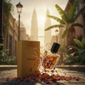 Maison Alhambra Terra – A perfume bottle and its box are placed on a cobblestone street, surrounded by scattered orange and purple flower petals, with tropical plants and city buildings in the background. | Maison Alhambra Terra – Sebotol minyak wangi dan kotaknya diletakkan di jalan berbatu, dikelilingi kelopak bunga