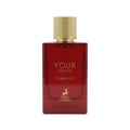 Maison Alhambra Tobacco Your Touch — Red glass perfume bottle with gold ribbed cap, gold text "YOUR TOUCH TOBACCO" and a gold deer logo | Maison Alhambra Tobacco Your Touch — Botol kaca merah dengan penutup bergaris emas, teks emas "YOUR TOUCH TOBACCO" dan logo rusa emas