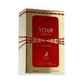 Maison Alhambra Tobacco Your Touch – Gold box with a red rectangular panel featuring gold zipper-like accents and text. Includes deer logo and scent details. | Maison Alhambra Tobacco Your Touch – Kotak emas dengan panel segi empat merah menampilkan aksen seperti zip emas dan teks. Termasuk logo rusa dan butiran