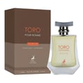 Maison Alhambra Toro Pour Homme Glace – A brown and beige box stands next to a clear glass perfume bottle with a light yellow liquid and a silver cap. The box and bottle both feature the brand logo of a deer. | Maison Alhambra Toro Pour Homme Glace – Sekotak berwarna coklat dan beige berdiri di sebelah botol minyak