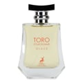 Maison Alhambra Toro Pour Homme Glace – A clear glass perfume bottle with a light yellow liquid, featuring orange text and a deer logo. | Maison Alhambra Toro Pour Homme Glace – Botol minyak wangi kaca jernih dengan cecair kuning muda, menampilkan teks oren dan logo rusa.