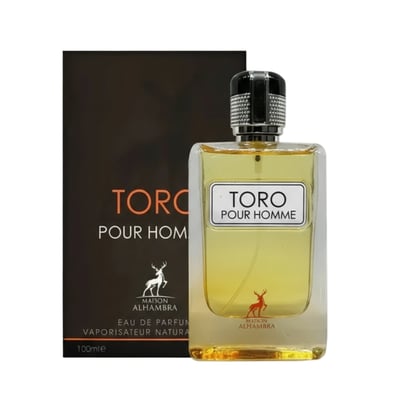 Maison Alhambra Toro Pour Homme – A clear glass perfume bottle with yellow liquid and a silver cap, next to its black and orange box with a deer logo. | Maison Alhambra Toro Pour Homme – Botol minyak wangi kaca jernih dengan cecair kuning dan penutup perak, bersebelahan kotak hitam dan orennya dengan logo rusa.