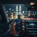 Maison Alhambra True Word by Maison Alhambra 100ml EDP — A hand holds a blue glass perfume bottle with a gold cap inside a car at night, with city skyscrapers and lights in the background. | Maison Alhambra True Word by Maison Alhambra 100ml EDP — Tangan memegang botol minyak wangi kaca biru dengan penutup emas di