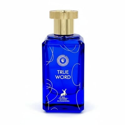 Maison Alhambra True Word — Blue glass perfume bottle with gold cap and white abstract swirls, featuring a deer logo and text. | Maison Alhambra True Word — Botol kaca biru dengan penutup emas dan pusaran putih abstrak, menampilkan logo rusa dan teks.