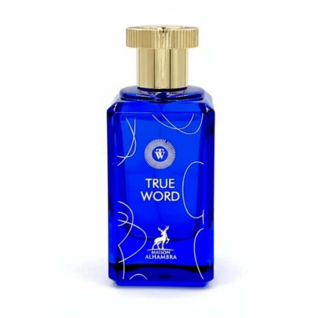 Maison Alhambra True Word — Blue glass perfume bottle with gold cap and white abstract swirls, featuring a deer logo and text. | Maison Alhambra True Word — Botol kaca biru dengan penutup emas dan pusaran putih abstrak, menampilkan logo rusa dan teks.