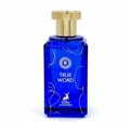 Maison Alhambra True Word — Blue glass perfume bottle with gold cap and white abstract swirls, featuring a deer logo and text. | Maison Alhambra True Word — Botol kaca biru dengan penutup emas dan pusaran putih abstrak, menampilkan logo rusa dan teks.