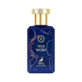 Maison Alhambra True Word by Maison Alhambra 100ml EDP — A dark blue rectangular perfume bottle with a gold cap, featuring gold line art and text "TRUE WORD" and a deer silhouette. | Maison Alhambra True Word by Maison Alhambra 100ml EDP — Botol minyak wangi biru segi empat gelap dengan penutup emas, menampilkan seni