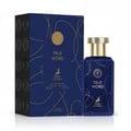 Maison Alhambra True Word — A dark blue perfume bottle with a gold cap and gold line art on the box and bottle, next to its matching box. | Maison Alhambra True Word — Botol minyak wangi biru gelap dengan penutup emas dan seni garisan emas pada kotak dan botol, bersebelahan dengan kotaknya yang sepadan.