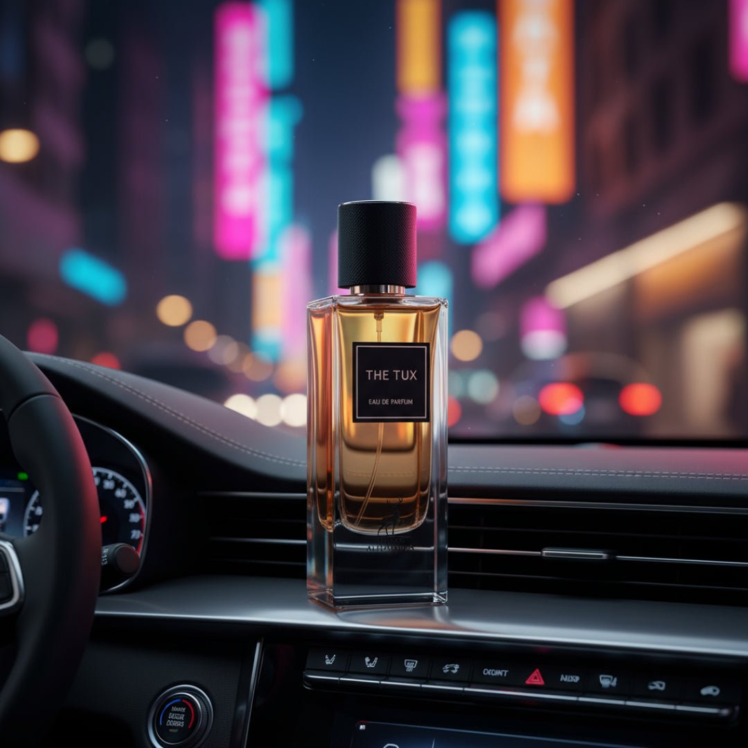 Maison Alhambra The Tux — A clear glass perfume bottle with golden liquid and a black cap sits on a car dashboard at night, with blurred city lights in the background. | Botol minyak wangi kaca jernih Maison Alhambra The Tux dengan cecair keemasan dan penutup hitam terletak di papan pemuka kereta pada waktu malam
