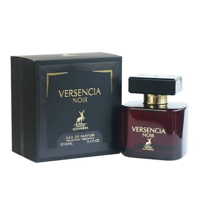 Maison Alhambra Versencia Noir — A dark red glass perfume bottle with a black and gold cap sits next to its matching black and gold box, both featuring the brand's deer logo and product name. | Botol minyak wangi kaca merah gelap Maison Alhambra Versencia Noir dengan penutup hitam dan emas terletak di sebelah kotak
