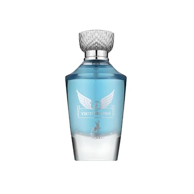 Maison Alhambra Victorioso by Maison Alhambra 100ml EDP Men — A clear glass perfume bottle with a light blue liquid and a silver cap, featuring a winged emblem and a deer silhouette on the front. | Maison Alhambra Victorioso by Maison Alhambra 100ml EDP Men — Botol kaca jernih dengan cecair biru muda dan penutup