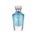 Maison Alhambra Victorioso by Maison Alhambra 100ml EDP Men — A clear glass perfume bottle with a light blue liquid and a silver cap, featuring a winged emblem and a deer silhouette on the front. | Maison Alhambra Victorioso by Maison Alhambra 100ml EDP Men — Botol kaca jernih dengan cecair biru muda dan penutup