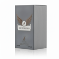 Maison Alhambra Victorioso by Maison Alhambra 100ml EDP Men — A grey perfume box with a winged deer logo and the text 'VICTORIOSO' embossed on it, set against a white background with a subtle reflection. | Maison Alhambra Victorioso by Maison Alhambra 100ml EDP Men — Kotak minyak wangi kelabu dengan logo rusa bersayap