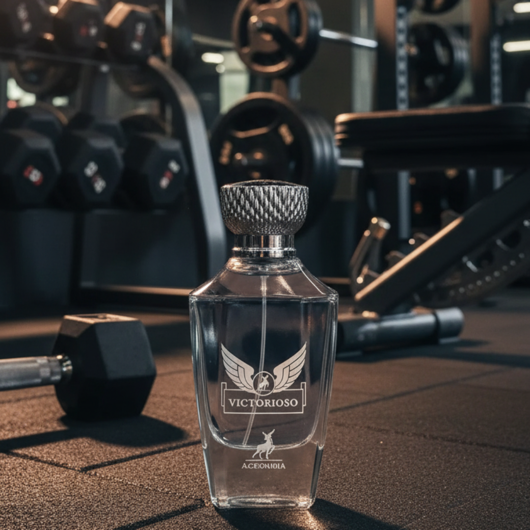 Maison Alhambra Victorioso by Maison Alhambra 100ml EDP Men — A clear glass perfume bottle with a silver cap sits on a gym floor, with dumbbells and weight racks in the blurred background. | Maison Alhambra Victorioso by Maison Alhambra 100ml EDP Men — Botol minyak wangi kaca jernih dengan penutup perak terletak di