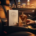 Victorioso Heroic by Maison Alhambra 100ml — A golden perfume bottle and its box sit on the center console of a luxury car at night, with city lights in the background. | Victorioso Heroic by Maison Alhambra 100ml — Botol dan kotak minyak wangi keemasan diletakkan di konsol tengah kereta mewah pada waktu malam, dengan