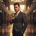 Maison Alhambra Victorioso Heroic by Maison Alhambra 100ml — A man in a dark suit holds a golden perfume bottle in a modern indoor shopping mall with bright natural light filtering from above. | Maison Alhambra Victorioso Heroic by Maison Alhambra 100ml — Seorang lelaki berbaju gelap memegang botol minyak wangi