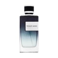 Maison Alhambra Yeah by Maison Alhambra 100ml EDP Men — A clear glass perfume bottle with a dark blue to light blue gradient, a white label reading "YEAH! MAN", and a black and white cap. | Maison Alhambra Yeah by Maison Alhambra 100ml EDP Men — Botol minyak wangi kaca jernih dengan gradien biru gelap ke biru muda