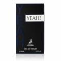 Maison Alhambra Yeah by Maison Alhambra 100ml EDP Men — Black perfume box with large embossed 'YEAH!' text and a white rectangle containing 'YEAH!' text, a deer logo, and product details. | Maison Alhambra Yeah by Maison Alhambra 100ml EDP Men — Kotak minyak wangi hitam dengan teks 'YEAH!' timbul besar dan segi empat