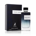 Maison Alhambra Yeah by Maison Alhambra 100ml EDP Men — A black box with "YEAH! MAN" printed on a white rectangle sits next to a clear glass perfume bottle with a dark blue gradient and a silver label that also says "YEAH! MAN". | Maison Alhambra Yeah by Maison Alhambra 100ml EDP Men — Kotak hitam dengan "YEAH! MAN"