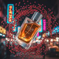 Maison Alhambra Your Touch Intense — A clear glass perfume bottle with amber liquid, surrounded by red peppercorns, with a blurred neon-lit city street background. | Maison Alhambra Your Touch Intense — Botol kaca jernih berisi cecair ambar, dikelilingi lada merah, dengan latar belakang jalan bandar berlampu neon yang