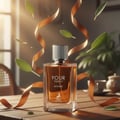 Maison Alhambra Your Touch Intense by Maison Alhambra 100ml — A clear glass perfume bottle with amber liquid and a silver ribbed cap sits on a wooden table, surrounded by floating green leaves and an orange ribbon | Maison Alhambra Your Touch Intense by Maison Alhambra 100ml — Botol minyak wangi kaca jernih dengan