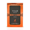 Maison Alhambra Your Touch Intense Eau de Parfum Natural Spray 100ml — Orange and black perfume box with chain design and deer logo | Maison Alhambra Your Touch Intense Eau de Parfum Natural Spray 100ml — Kotak minyak wangi oren dan hitam dengan reka bentuk rantai dan logo rusa