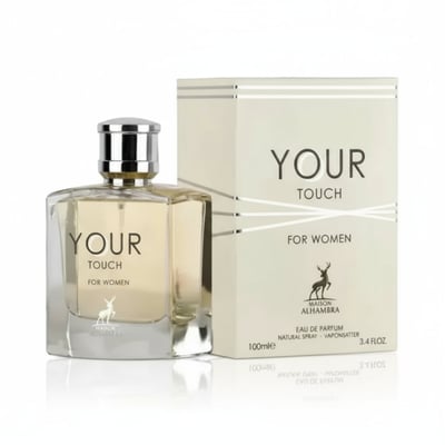 Maison Alhambra Your Touch Women by Maison Alhambra – 100 ml — A clear glass perfume bottle with a silver cap sits next to its cream-colored box, both featuring the "YOUR TOUCH" branding and a deer logo. | Maison Alhambra Your Touch Women by Maison Alhambra – 100 ml — Botol minyak wangi kaca jernih bertutup perak