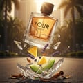 Maison Alhambra Your Touch Man – A cracked glass perfume bottle levitates above shattered glass, with pineapple, melon, lavender, and cinnamon sticks scattered around. | Maison Alhambra Your Touch Man – Botol minyak wangi kaca retak terapung di atas serpihan kaca, dengan nanas, tembikai, lavender, dan batang kayu