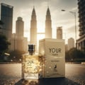Maison Alhambra Your Touch Women – A clear glass perfume bottle with a silver cap and golden liquid, cracked glass effect, and floral accents, stands on asphalt next to its beige box, with modern skyscrapers and the Petronas Towers in the background at sunset. | Maison Alhambra Your Touch Women – Botol minyak wangi