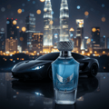 Maison Alhambra Victorioso by Maison Alhambra 100ml EDP Men — A blue glass perfume bottle with a silver winged emblem and the name "VICTORIOSO" is displayed in front of a sleek black sports car at night with a blurred city skyline in the background. | Maison Alhambra Victorioso by Maison Alhambra 100ml EDP Men — Botol