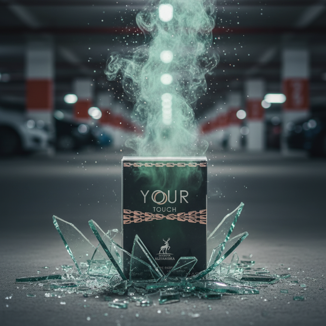 Maison Alhambra Your Touch Man by Maison Alhambra – 100 ml — A dark green perfume box with "YOUR TOUCH" text sits amidst shattered glass, with green smoke and sparkles rising from it in a dimly lit parking garage. | Maison Alhambra Your Touch Man by Maison Alhambra – 100 ml — Kotak minyak wangi hijau gelap dengan teks