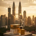 Maison Alhambra Zeno by Maison Alhambra – 100 ml for Women — A gold perfume bottle and its box sit on a ledge with smoke rising, against a blurred backdrop of city skyscrapers at sunset. | Maison Alhambra Zeno by Maison Alhambra – 100 ml for Women — Botol minyak wangi emas dan kotaknya diletakkan di atas unjuran