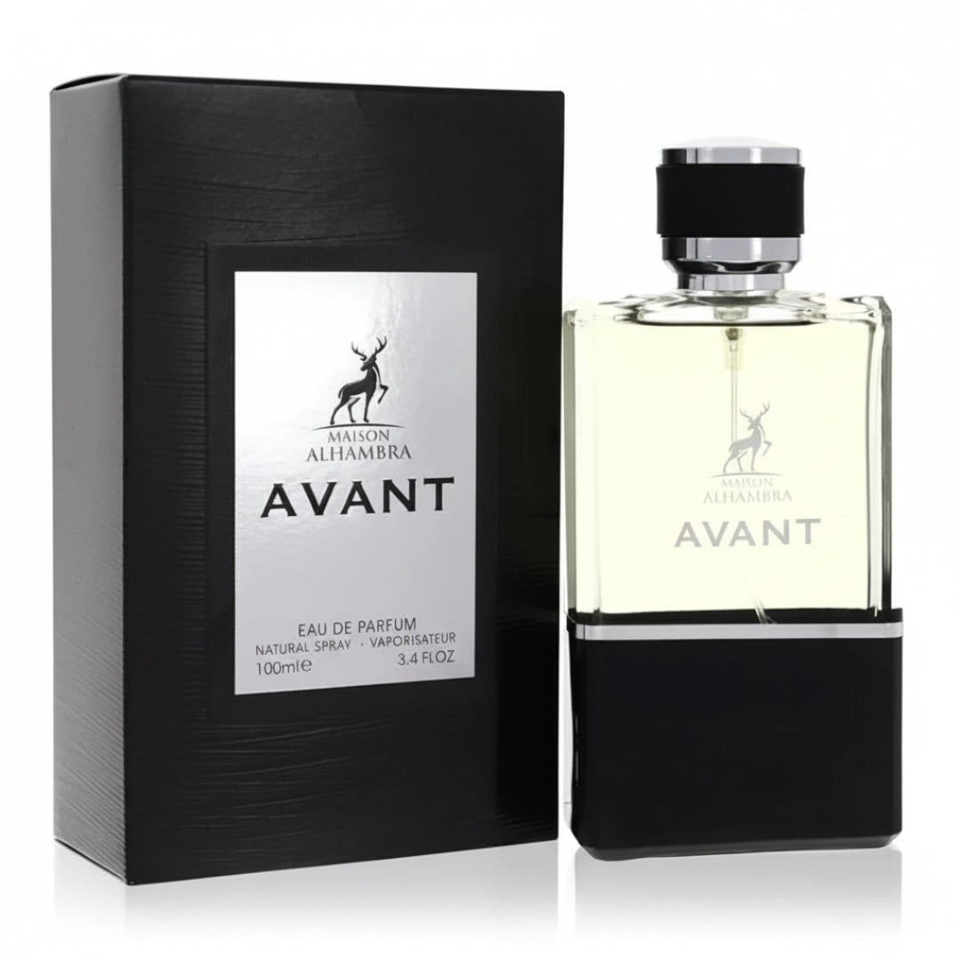 Maison Alhambra Avant — A black textured box sits to the left of a clear glass perfume bottle with a light yellow liquid and a black cap, featuring a deer logo and the text "MAISON ALHAMBRA AVANT" on both. | Maison Alhambra Avant — Kotak hitam bertekstur terletak di sebelah kiri botol minyak wangi kaca jernih dengan