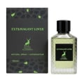 Maison Alhambra Extravagant Lover – A black perfume box with green abstract shapes and a deer logo sits next to a clear glass bottle of light green perfume with a black cap and a black label featuring a deer logo and the product name. | Maison Alhambra Extravagant Lover – Kotak minyak wangi hitam dengan bentuk abstrak